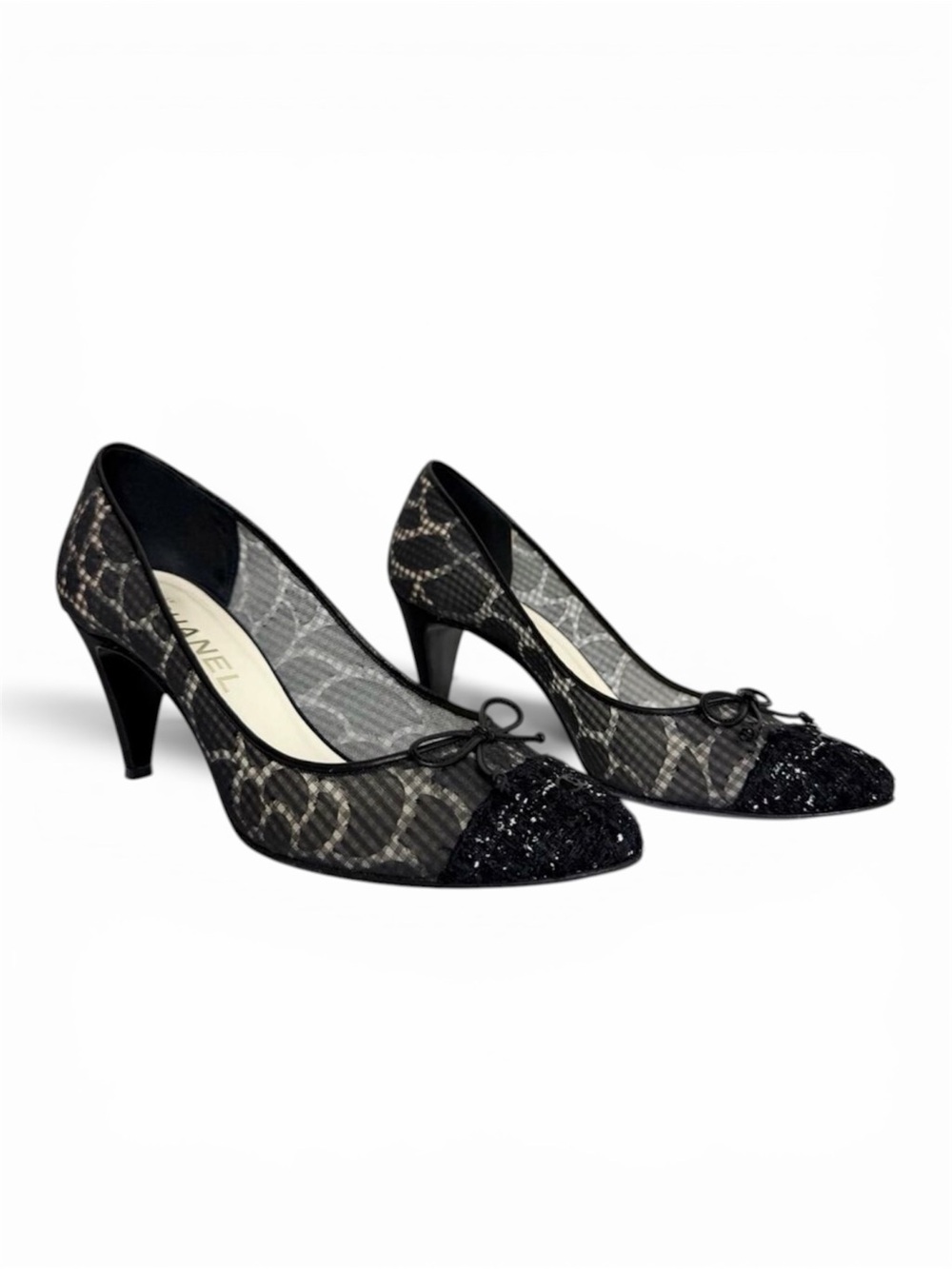 Chanel Black Mesh Tweed Cap Toe Bow Pumps Heels 37.5
